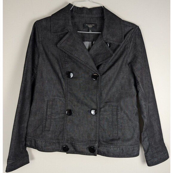 Talbots Womens Denim Jean Jacket Classic Double Breasted Short Size 14P Black - Picture 1 of 12
